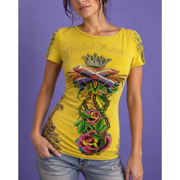 Christian Audigier Tops - Christian Audigier Y2K Graphic Tee Leopard Crown Wings Yellow Top M Tattoo Art